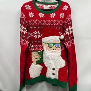Holiday Time Red Green Santa holding a cup 3d appliqué Xmas ugly Sweater L 42-44